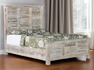 HomeRoots White Carved Geometric Distressed Reclaimed Wood Queen Bed Frame for Rustic Farmhouse Elegance 521085