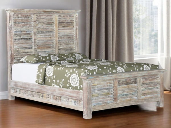 HomeRoots White Carved Geometric Distressed Reclaimed Wood Queen Bed Frame for Rustic Farmhouse Elegance 521085