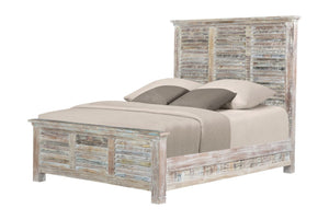 HomeRoots White Carved Geometric Distressed Reclaimed Wood Queen Bed Frame for Rustic Farmhouse Elegance 521085
