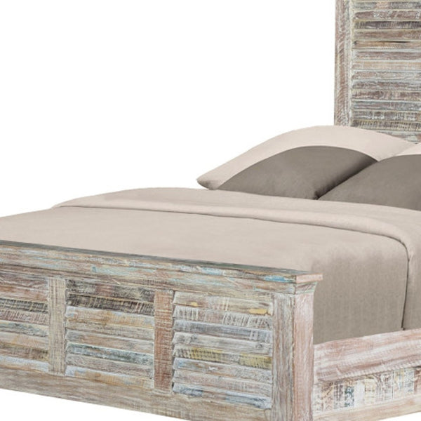 HomeRoots White Carved Geometric Distressed Reclaimed Wood Queen Bed Frame for Rustic Farmhouse Elegance 521085