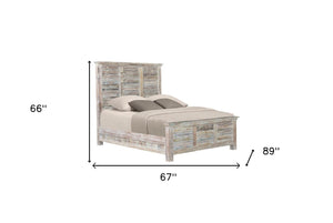 HomeRoots White Carved Geometric Distressed Reclaimed Wood Queen Bed Frame for Rustic Farmhouse Elegance 521085