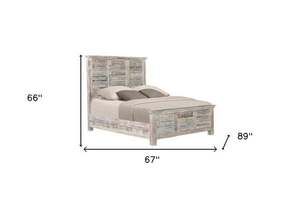 HomeRoots White Carved Geometric Distressed Reclaimed Wood Queen Bed Frame for Rustic Farmhouse Elegance 521085