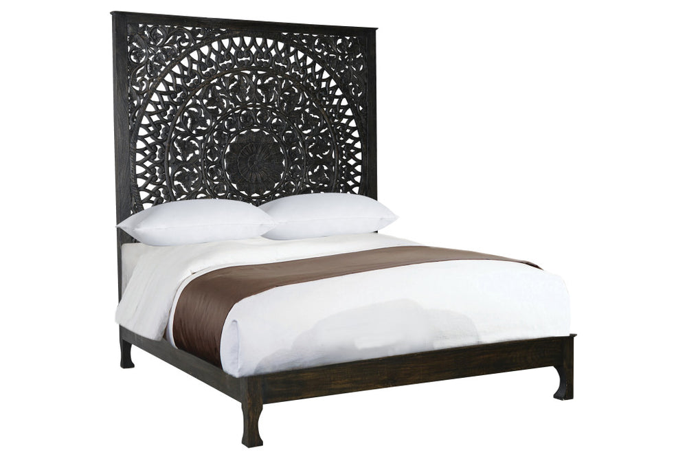 Homeroots Carved Medallion Solid Wood Queen Black Bed  Wood 521089