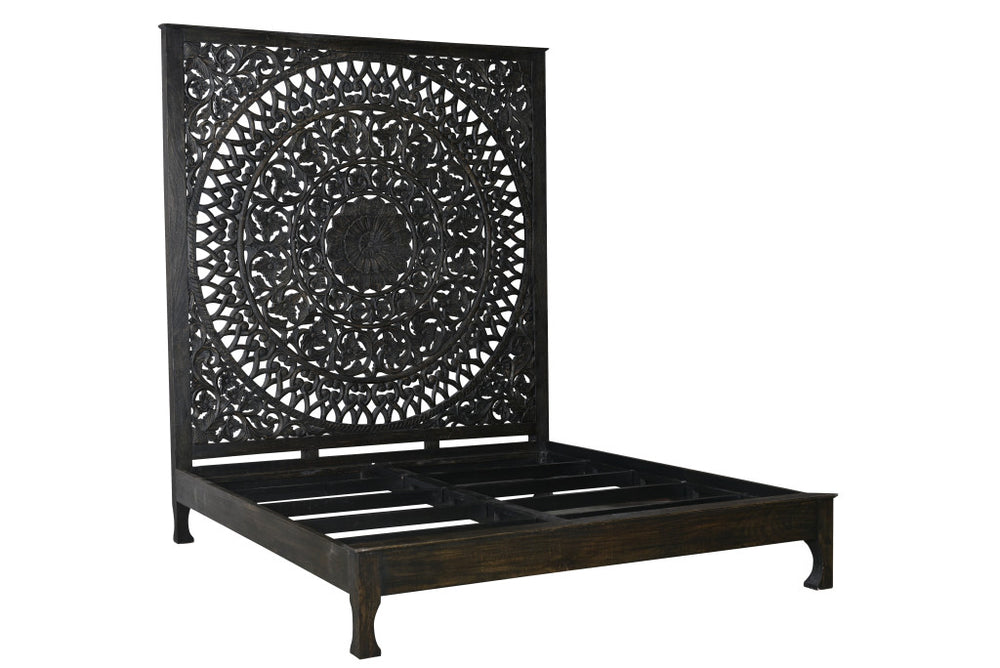 Homeroots Carved Medallion Solid Wood Queen Black Bed  Wood 521089