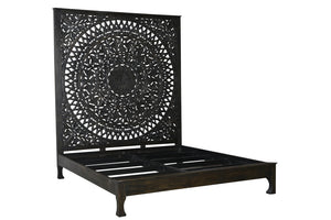 Homeroots Carved Medallion Solid Wood Queen Black Bed  Wood 521089