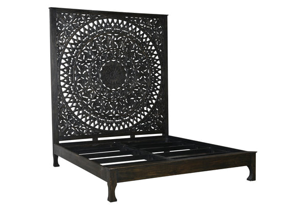 Homeroots Carved Medallion Solid Wood Queen Black Bed  Wood 521089