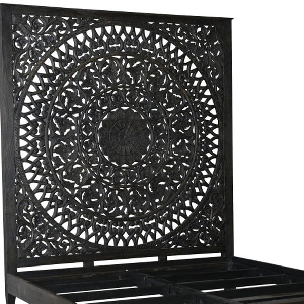 Homeroots Carved Medallion Solid Wood Queen Black Bed  Wood 521089