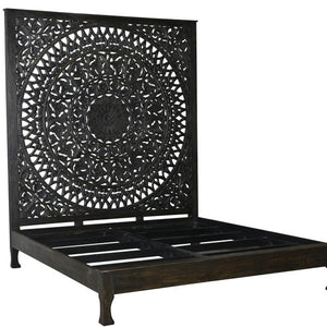 Homeroots Carved Medallion Solid Wood Queen Black Bed  Wood 521089