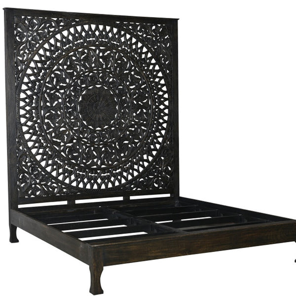 Homeroots Carved Medallion Solid Wood Queen Black Bed  Wood 521089