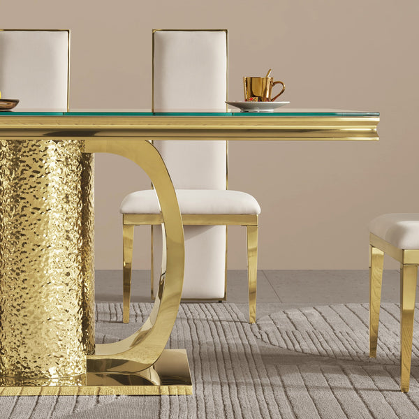 English Elm Gold Stainless Steel Dining Table With Sleek Black Tempered Glass Top - Modern Elegance & Durability W2723S00046