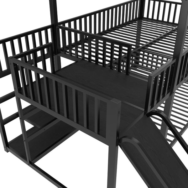 English Elm Full Metal House Bunk Bed with Slide Storage Stairs and Safety Rails for Kids W1580S00345