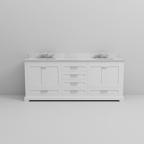 English Elm White Double Bath Vanity 80" W x 22" D with Carrara Marble Top, Soft-Close Drawers & Chrome Faucet Set B2731P258396