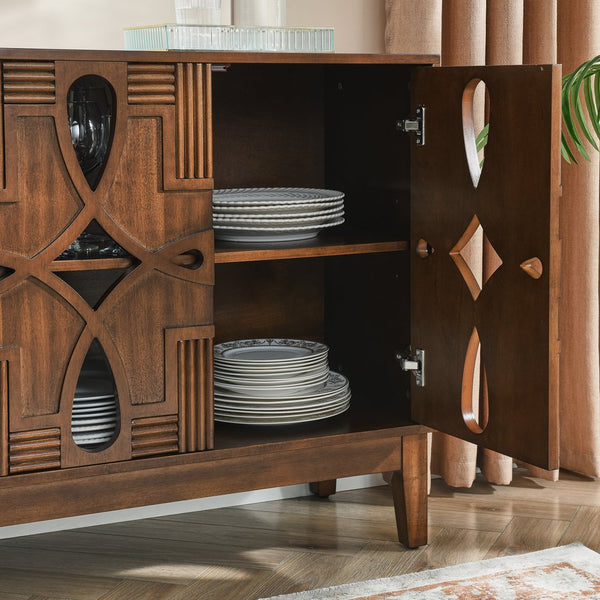English Elm 60.5" Mid Century Sideboard Buffet with 4 Doors, Adjustable Shelves, Outlet Holes — Walnut TV Console W1801P224330