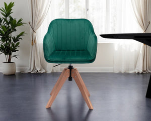 HomeRoots Tufted Green Velvet Arm Chair with Natural Accents – Elegant Swivel Dining & Accent Seating Solution 521186