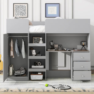 English Elm Wood Full Size Loft Bed with Built-In Wardrobe, Spacious Desk, Shelves and 3 Drawers for Storage Grey GX001819AAE