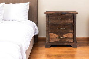 HomeRoots 27" Dark Brown Solid Wood Nightstand with Three Drawers, Metal Accents & Versatile Storage Solutions 521188