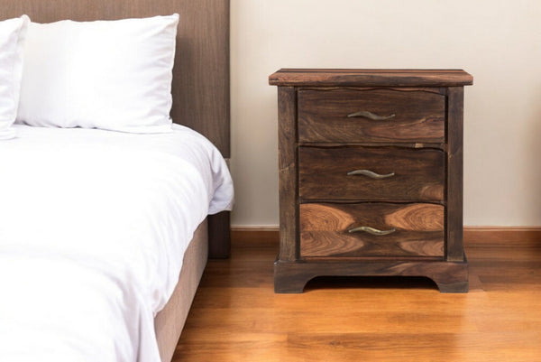 HomeRoots 27" Dark Brown Solid Wood Nightstand with Three Drawers, Metal Accents & Versatile Storage Solutions 521188