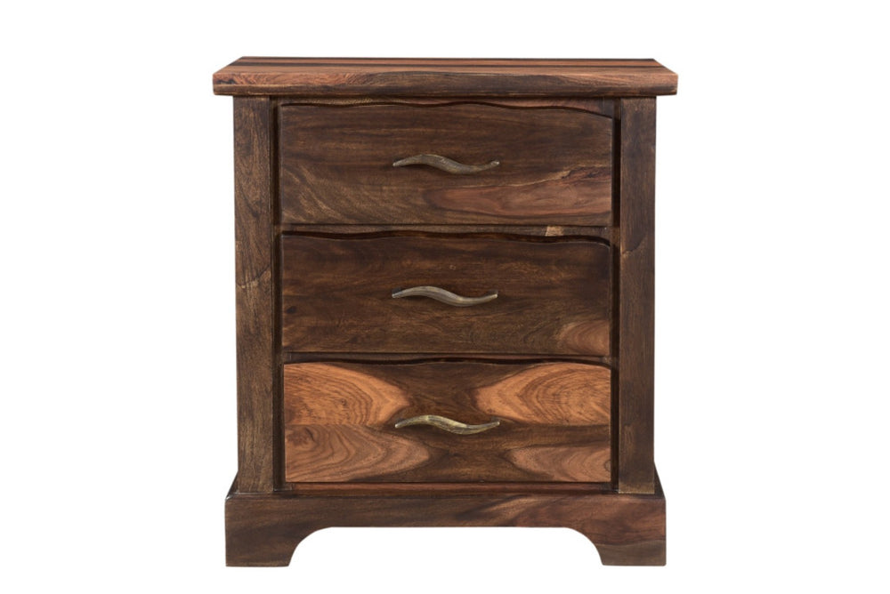 HomeRoots 27" Dark Brown Solid Wood Nightstand with Three Drawers, Metal Accents & Versatile Storage Solutions 521188