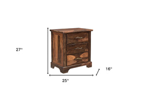 Homeroots 27" Dark Brown Three Drawer Solid Wood Nightstand   521188