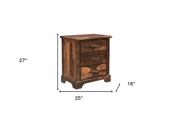 Homeroots 27" Dark Brown Three Drawer Solid Wood Nightstand   521188