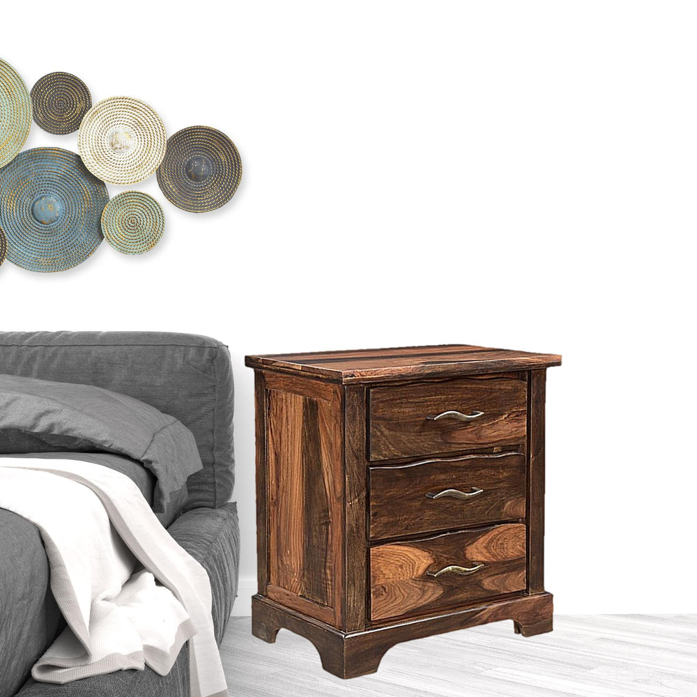 Homeroots 27" Dark Brown Three Drawer Solid Wood Nightstand   521188