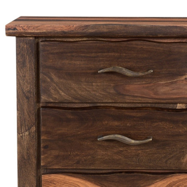 HomeRoots 27" Dark Brown Solid Wood Nightstand with Three Drawers, Metal Accents & Versatile Storage Solutions 521188
