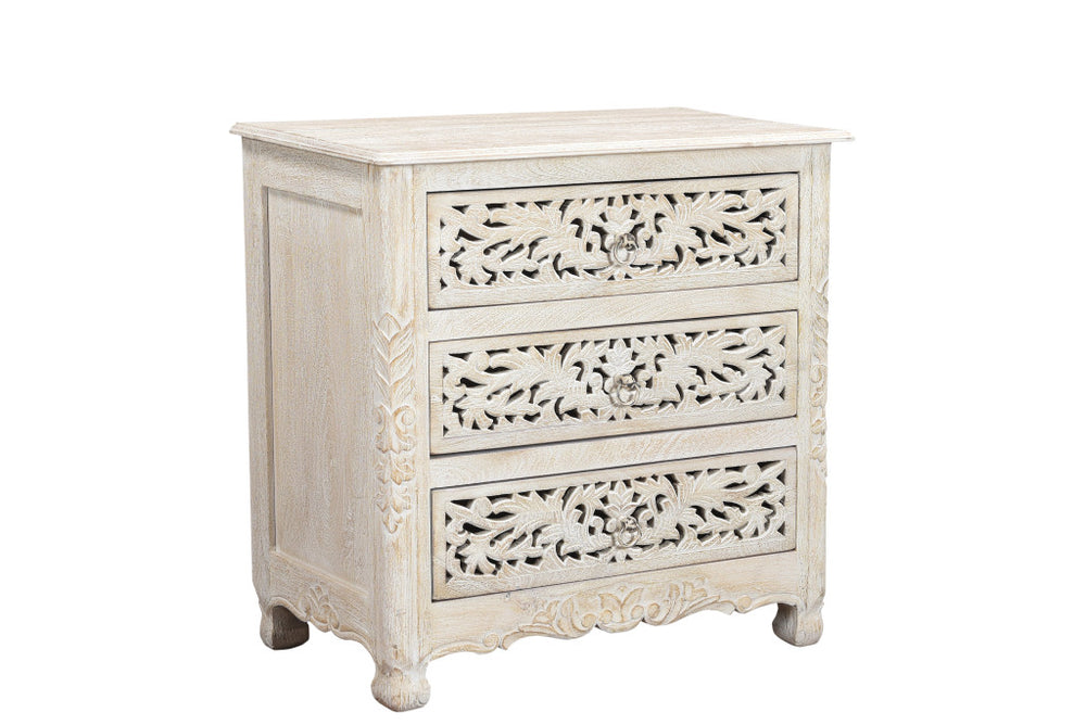 Homeroots 30" Distressed White Three Drawer Floral Carved Solid Wood Nightstand   521193