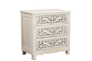 Homeroots 30" Distressed White Three Drawer Floral Carved Solid Wood Nightstand   521193