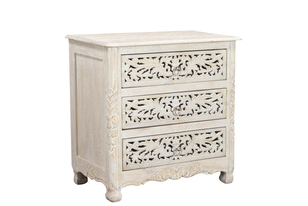 Homeroots 30" Distressed White Three Drawer Floral Carved Solid Wood Nightstand   521193