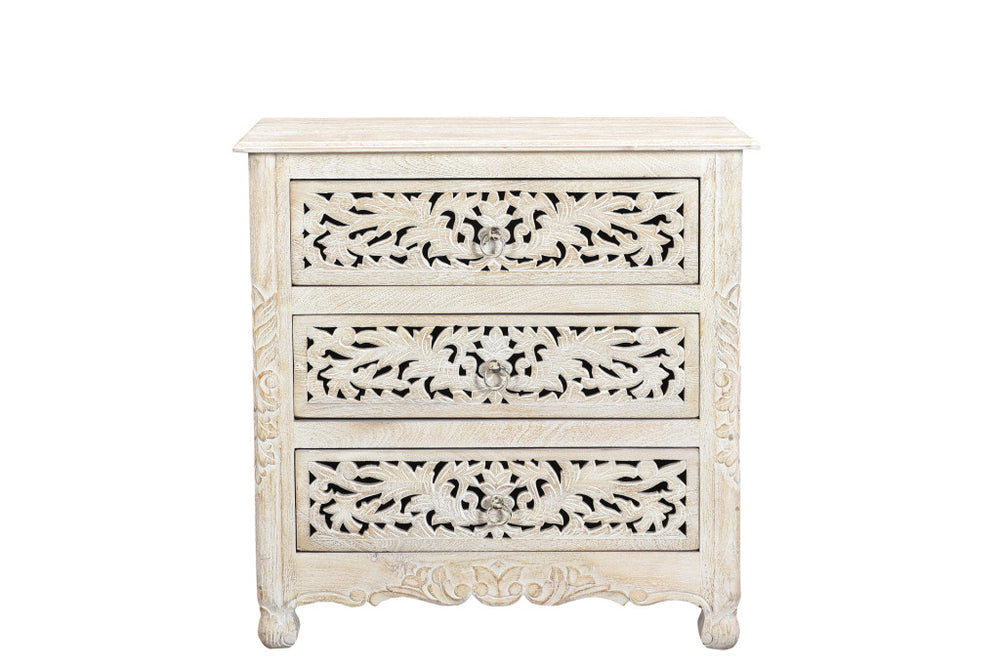 Homeroots 30" Distressed White Three Drawer Floral Carved Solid Wood Nightstand   521193