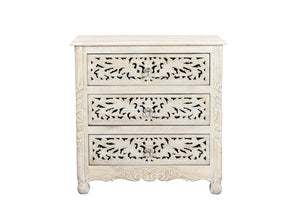 Homeroots 30" Distressed White Three Drawer Floral Carved Solid Wood Nightstand   521193