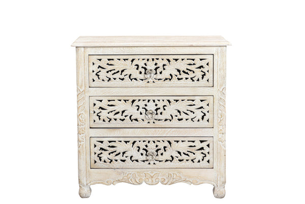 Homeroots 30" Distressed White Three Drawer Floral Carved Solid Wood Nightstand   521193