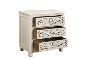 Homeroots 30" Distressed White Three Drawer Floral Carved Solid Wood Nightstand   521193