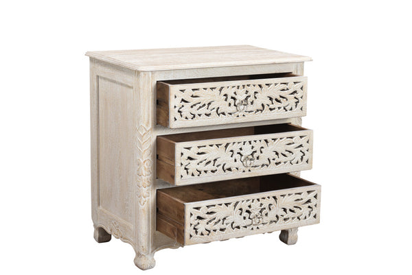Homeroots 30" Distressed White Three Drawer Floral Carved Solid Wood Nightstand   521193