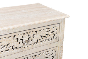 Homeroots 30" Distressed White Three Drawer Floral Carved Solid Wood Nightstand   521193