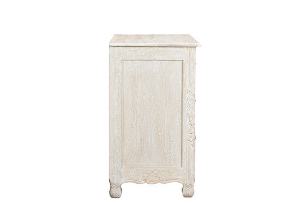 Homeroots 30" Distressed White Three Drawer Floral Carved Solid Wood Nightstand   521193