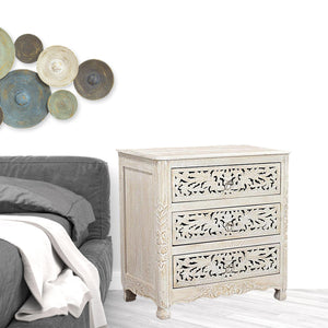 Homeroots 30" Distressed White Three Drawer Floral Carved Solid Wood Nightstand   521193