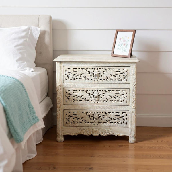 HomeRoots 30" Rustic Solid Wood Nightstand with Three Drawers & Open Shelf - Vintage Charm for Any Room 521193