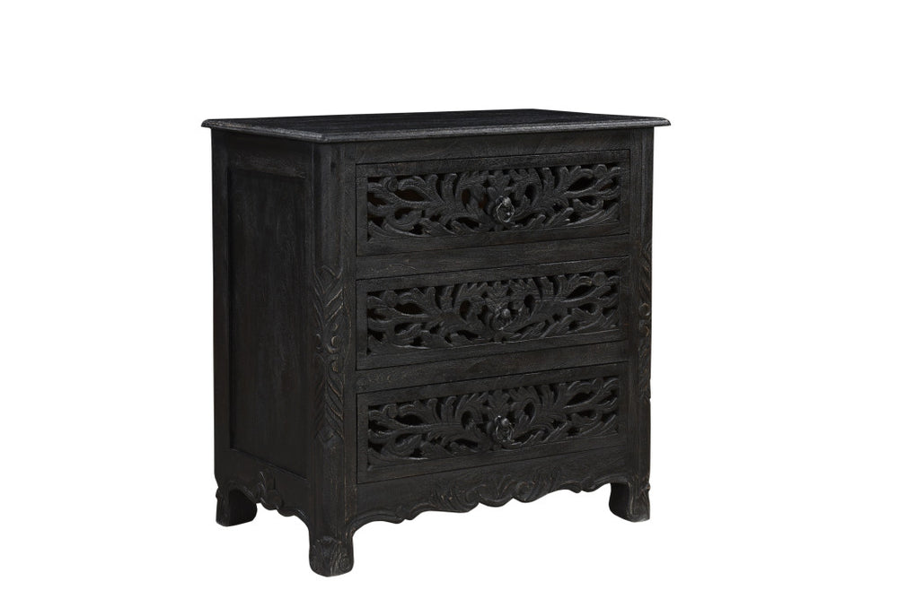 Homeroots 30" Distressed Black Three Drawer Floral Carved Solid Wood Nightstand   521194