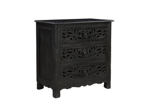 Homeroots 30" Distressed Black Three Drawer Floral Carved Solid Wood Nightstand   521194