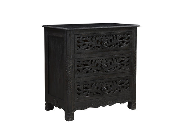 Homeroots 30" Distressed Black Three Drawer Floral Carved Solid Wood Nightstand   521194