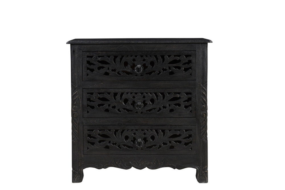 Homeroots 30" Distressed Black Three Drawer Floral Carved Solid Wood Nightstand   521194
