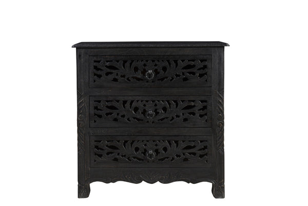 Homeroots 30" Distressed Black Three Drawer Floral Carved Solid Wood Nightstand   521194