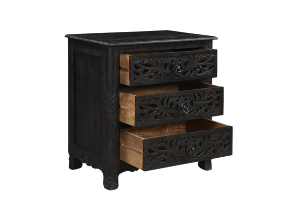 Homeroots 30" Distressed Black Three Drawer Floral Carved Solid Wood Nightstand   521194