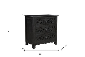 Homeroots 30" Distressed Black Three Drawer Floral Carved Solid Wood Nightstand   521194