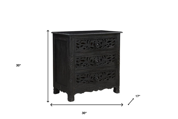 Homeroots 30" Distressed Black Three Drawer Floral Carved Solid Wood Nightstand   521194