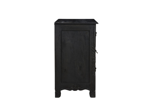 Homeroots 30" Distressed Black Three Drawer Floral Carved Solid Wood Nightstand   521194