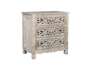 Homeroots 30" Distressed Gray Three Drawer Floral Carved Solid Wood Nightstand   521195
