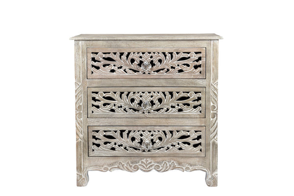 Homeroots 30" Distressed Gray Three Drawer Floral Carved Solid Wood Nightstand   521195