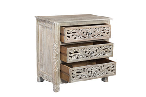 Homeroots 30" Distressed Gray Three Drawer Floral Carved Solid Wood Nightstand   521195